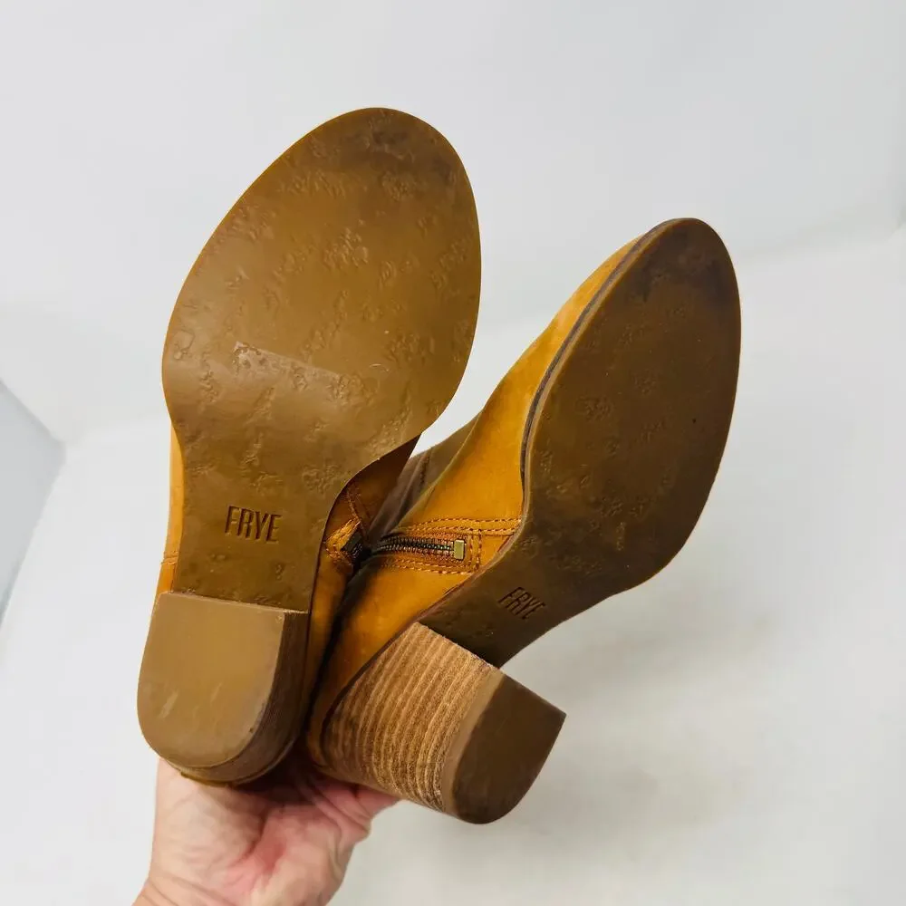 Frye Cara Short Ankle Boots Tan Leather Stacked Heel Western Style Size‎ 7M